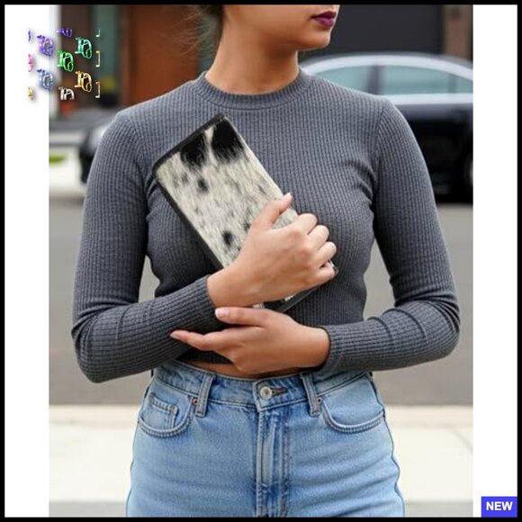 Genuine Cowhide Leather Clutch Wristlet Zipper Closure Detachable Strap Elegant